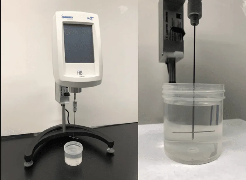 Brookfield rotational viscometer running a spindle test